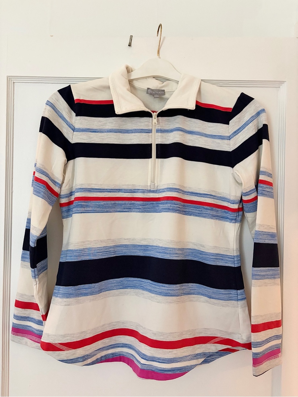 T by Talbots Cream Half-Zip Striped Pullover with Navy, Light Blue & Red